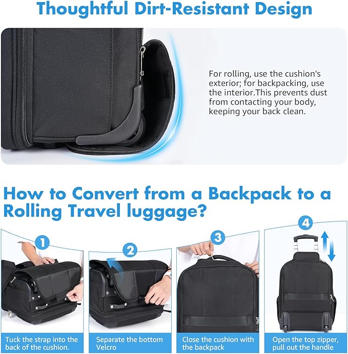 Rolling Backpack, 17.7inch Rolling Backpack With Wheels for Adults, Roller Carry On Luggage Wheeled Backpack, Rolling Laptop Backpack for Men Women to Travel Business, Black