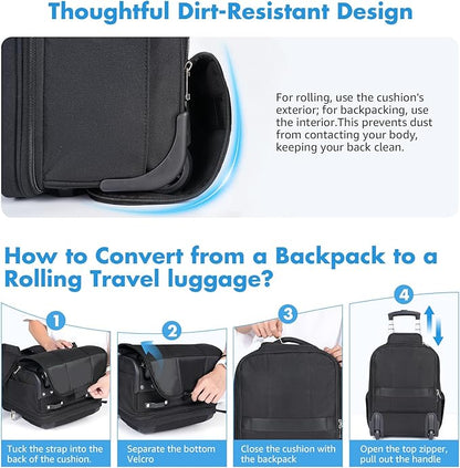 Rolling Backpack, 17.7inch Rolling Backpack With Wheels for Adults, Roller Carry On Luggage Wheeled Backpack, Rolling Laptop Backpack for Men Women to Travel Business, Black