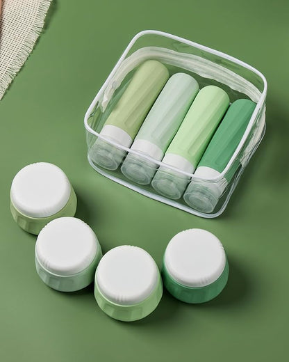 Travel Size Toiletries 8 Pack, TSA Approved 3oz Silicone Squeeze Bottles & Cream Jars with Clear Travel Bag
