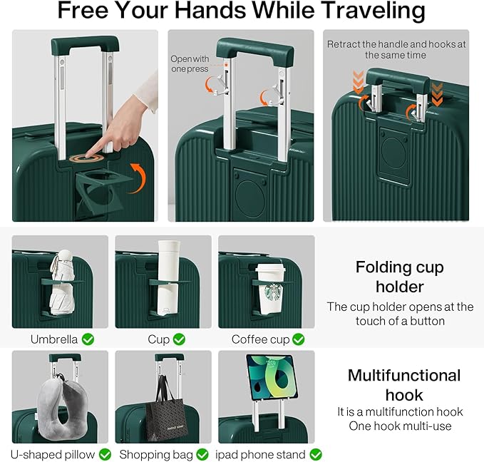 mixi Checked Luggage with Cup Phone Holder Hard Shell Rolling Travel Suitcases with Spinner Wheels,26 Inch Blackish Green