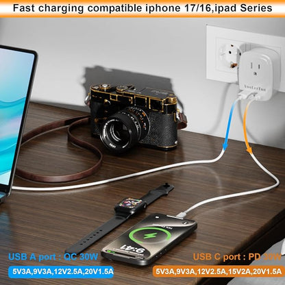 Type C Plug Adapter, VooLerTun Frence Germany Travel Adapter with 30W Fast Charge Power Adapter Dual Ports Compatible iPhone 17/16 Series, 1 American Outlet Adapter, US Converter for European Travel