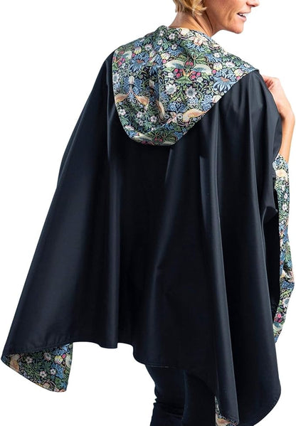 RainCaper Rain Poncho for Women - Reversible Rainproof Hooded Cape in Gorgeous Ultrasoft Colors (Black/Wm Morris Strawberry Thief)