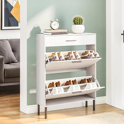 Narrow Shoe Storage Cabinet - Slim Shoe Cabinet with 2 Flip Drawers White Shoe Organizer Cabinet for Entryway & Front Door Entrance