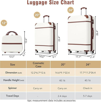 Merax Luggage Set, 2 Piece Luggage with Cosmetic Case, Vintage Hardcase Suitcase with Wheels, Expandable Luggage Airline Approved(White,20"+24")