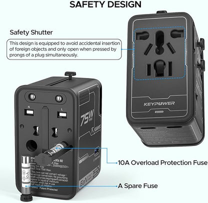 Universal Travel Adapter, 75W GaN International Power Adapter with 3 USB C and 1 USB A, All in One Travel Plug Adapter, Worldwide Outlet Wall Charger Converter for EU US UK AU 200+ Countries.