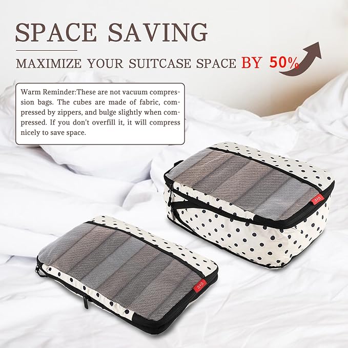 U+U 8 Set Compression Packing Cubes - Ultralight Travel Organizers with Laundry Bag and Cosmetic Bag, Space-Saving Suitcase Organizer for Travel, Business Trip and Family Vacation (Polka Dot)