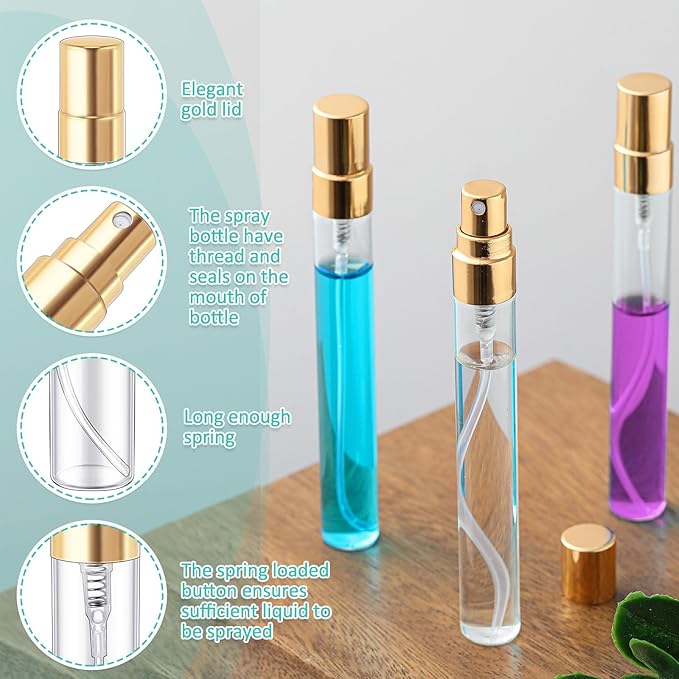Zhehao 50 Pcs Mini Spray Bottles 10 ml Clear Glass Perfume Bottles Refillable Fine Mist Perfume Atomizer Portable Empty Sample Containers for Cleaning, Essential Oils, Travel (Gold Cap)