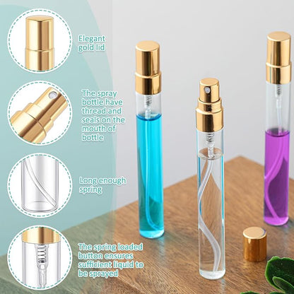 Zhehao 50 Pcs Mini Spray Bottles 10 ml Clear Glass Perfume Bottles Refillable Fine Mist Perfume Atomizer Portable Empty Sample Containers for Cleaning, Essential Oils, Travel (Gold Cap)