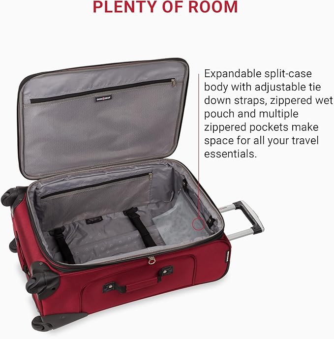 SwissGear Sion Softside Expandable Luggage – Medium Checked Suitcase with 360 Degree Wheels & Retractable Handle – 25 Inch, Perfect for 1-7 Night Trips – Burgundy