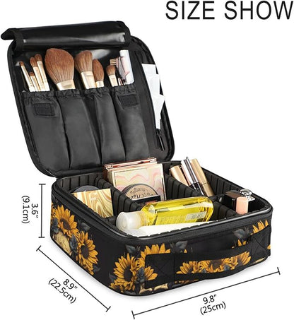 MNSRUU Travel Makeup Bag, Skull and Sunflower Women Makeup Case Organizer Cosmetic Toiletry Bag for Teenage Girl with Adjustable Dividers