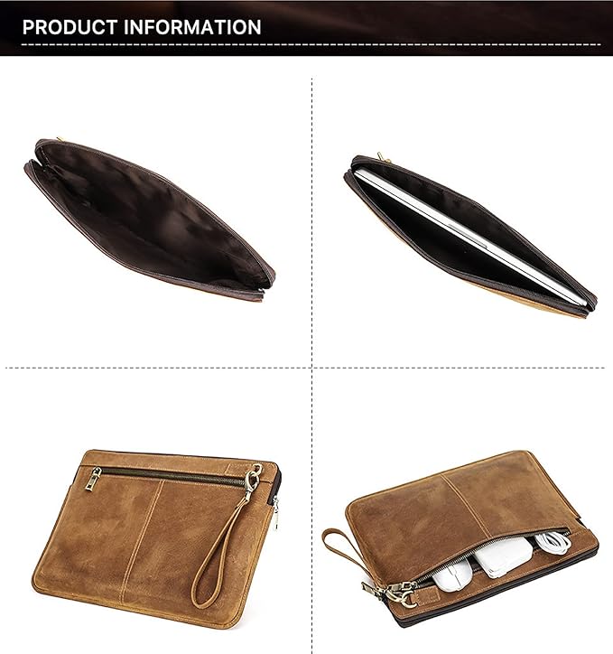 Top Grain Leather 14.2" Slim Laptop Sleeve Case Bag, Vintage Design with 2 Zip Pockets, Handmade, Compatible with MacBook Pro 14" 2021 2022 M1 Pro/M1 Max A2442 & Other PC, Brown 14.2 Inch