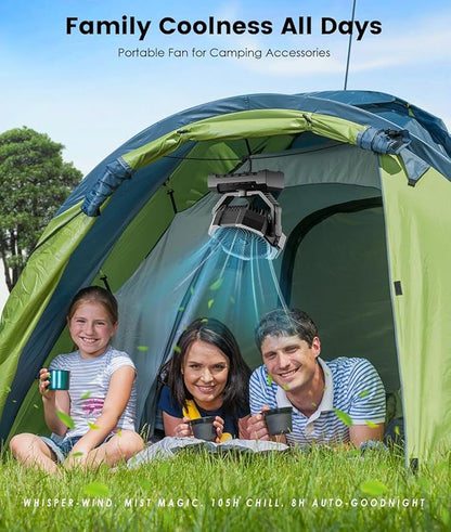 Misting Fan - Portable Battery Powered Fans with 9oz Water Tank, Light, Hook - Rechargeable, 120H Cooling, Last 5H Mist, 4 Speed, Sleep Mode - Outdoor Fan, for Camping, Travel Essentials