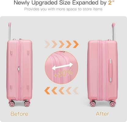Kono Expandable Luggage 3 Piece Set Hardshell Lightweight 20in 24in 28in Carry On Suitcase with Spinner Wheels TSA Lock(Pink)