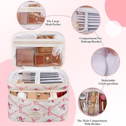Makeup bag, Large Cosmetic Bag for Women Girls, Cute Quilted Makeup Bags, Floral Coquette Aesthetic Toiletry Bag, Travel Make Up Organizer Bag (Pink)