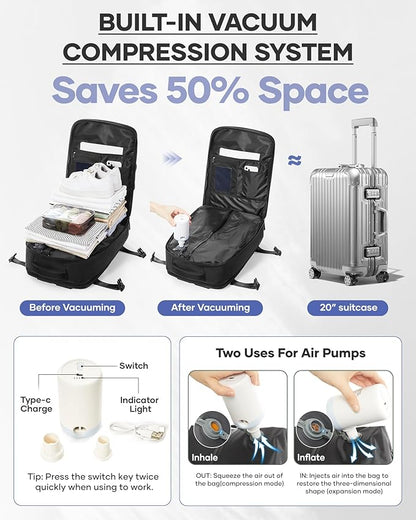 wepadre Vacuum Backpack Travel with Pump Travel Backpack with Vacuum System Easy Vac Pack Backpacks Vacpack Compression Backpacks Mochila de Viaje Compresion al Vacio Black