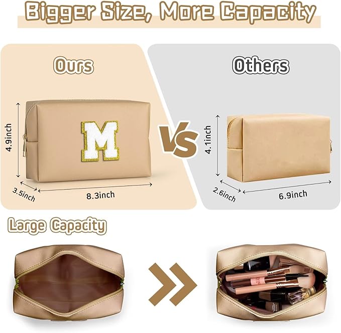 TOPEAST Cosmetic Travel Bags for Women, Preppy Small Makeup Bag, PU Leather Waterproof Toiletry Bag, Unique Friendship Gifts for Friends Coworker, Cute Stuff for Girls (Khaki R)