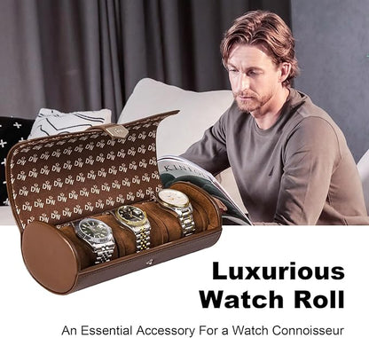 DUKWIN Watch Roll for 3 Watches, Vegan Leather Travel Watch Case Organizer with Removable Pillows for Men and Women,Display Case for Watches Collection and Gift for Anniversary Birthday(Brown Storage)