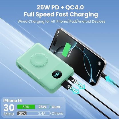 6 in 1 Magnetic Portable Charger for iPhone with Built-in Cables, 10800mAh 25W PD Fast Charging Power Bank, 6 Outputs Travel Essential Battery Pack for iPhone 17/16/15/14/13/12,Apple Watch (Green)