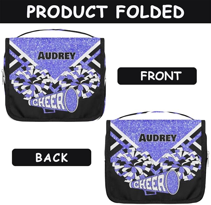 Personalized Hanging Toiletry Bag for Women, Large Capacity Cheerleading Travel Custom Name For Mothers Day, Birthday, Anniversary, Wedding, Light Blue Glitter Black
