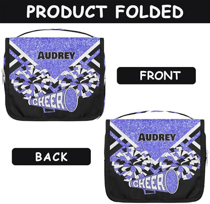 Personalized Hanging Toiletry Bag for Women, Large Capacity Cheerleading Travel Custom Name For Mothers Day, Birthday, Anniversary, Wedding, Light Blue Glitter Black