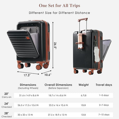 Luggage Sets 3 Piece, Hardside Suitcase with Front Pocket Cup Holder and TSA Lock