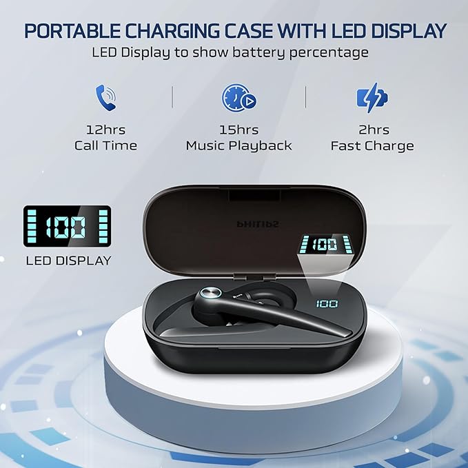 Philips Bluetooth Headset with Mic, Wireless Bluetooth Earpiece, 400mah Charging Case with LED Display, all-day extended playtime, Built-in microphone for Hands-Free Calling Designed for Trucker, Work