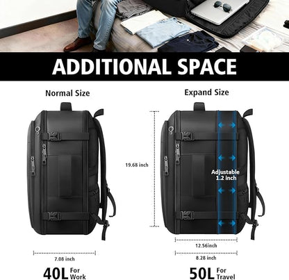 Travel Backpack, Extra Large 50L Flight Approved Carry on Backpack, Expandable Waterproof Business Suitcase Daypack Big Bag Fits 18.4 Inch Laptop, Black