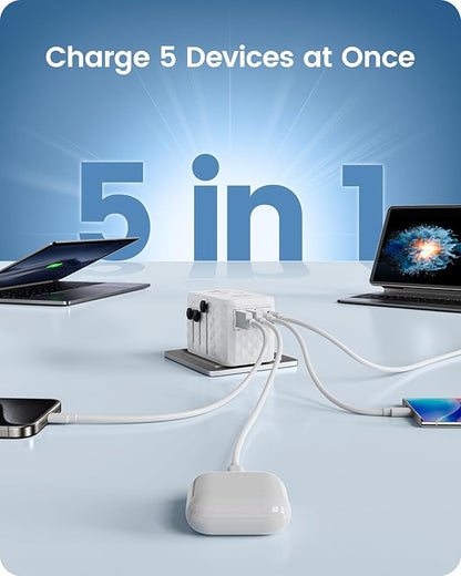 LENCENT 65W Universal Travel Adapter, GaN International Fast Charger 2 USB-A & 2 USB-C Power Plug Converter, Power Outlet Adapter for Phones,Laptops, All in One Travel Essentials for EU/USA/UK/AU