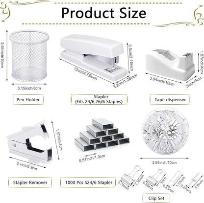 Office Supplies,Desk Accessories, Stapler and Tape Dispenser Set for Women with Stapler, Tape Dispenser, Staple Remover, Staples, Clips, Scissor and Tabs,Gift for Students, Coworkers