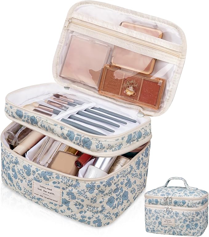 Makeup bag, Large Cosmetic Bag for Women Girls, Cute Quilted Makeup Bags, Floral Coquette Aesthetic Toiletry Bag, Travel Make Up Organizer Bag (Blue Flowers)