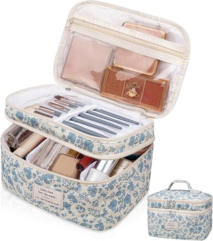 Makeup bag, Large Cosmetic Bag for Women Girls, Cute Quilted Makeup Bags, Floral Coquette Aesthetic Toiletry Bag, Travel Make Up Organizer Bag (Blue Flowers)