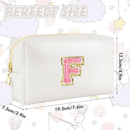 Initial Makeup Bag Personalized Preppy Travel Small Cosmetic Bag Cute PU White Chenille Letter Makeup Pouch for Purse Waterproof Zippered Toiletry Organizer for Women Girls Kids Friends (F)