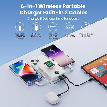 6 in 1 Magnetic Portable Charger for iPhone with Built-in Cables, 10800mAh 25W PD Fast Charging Power Bank, 6 Outputs Travel Essential Battery Pack for iPhone 17/16/15/14/13/12,Apple Watch (White)