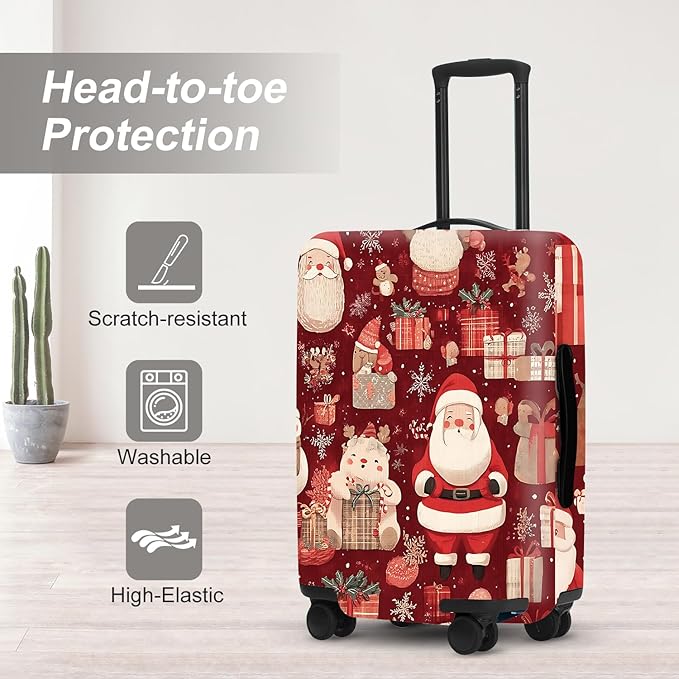 Allover Christmas Luggage Cover - Red Background with Santa, Gifts and Snowmen Pattern, Dense Holiday Design for 18 20 22 Inch Travel Bag