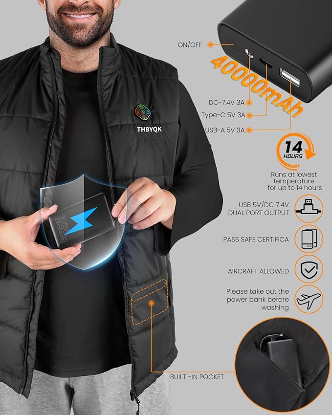21 Heated Zones Heated Vest, with 40000mAH 7.4V Battery Pack Heated Vest for Men & Women, 5 in 1 Smart Controller