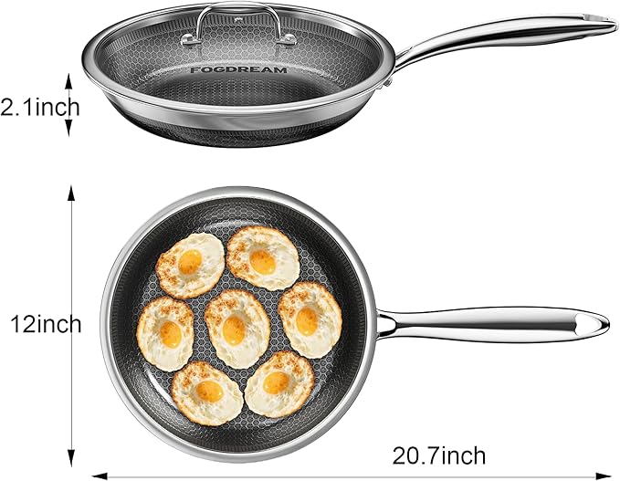 Fogdream 12” Non Stick Frying Pans, Stainless Steel Skillet with Lid, Tri-Ply Stainless Steel for All Cooktops, Dishwasher and Oven-Safe Cooking Pan, Stay-Cool Handle, Silver