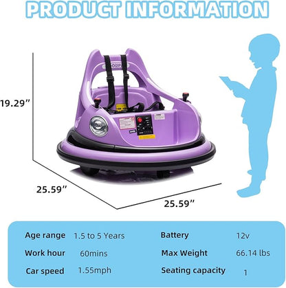 12V Bumper Car for Kids, Bumper Car for Toddlers W/Remote Control, Electric Ride On Car with LED Lights & 360 Degree Spin, Bluetooth, Anti-Collision Padding 5-Point Safety Belt, Purple
