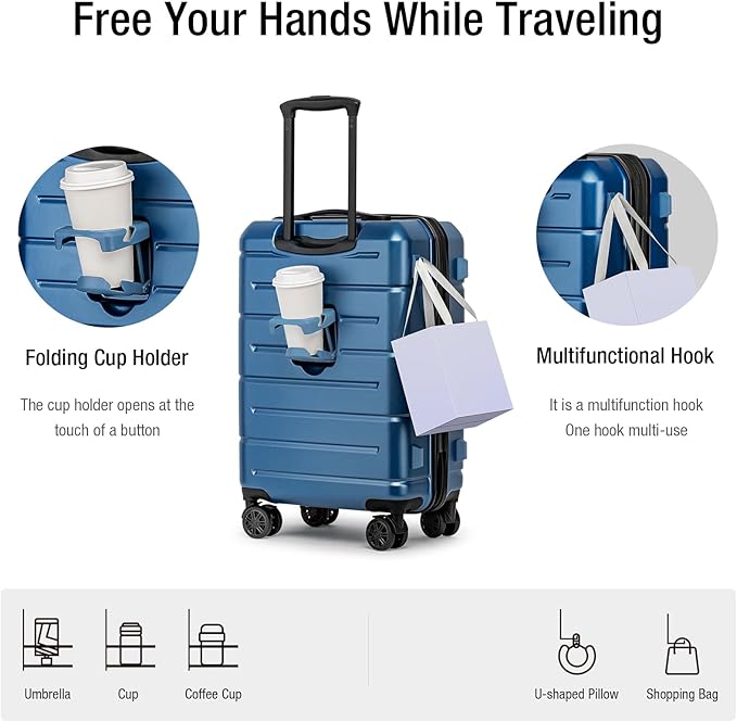 KYME Carry On Luggage 22x14x9 Airline Approved with Cup Holder Hardside Carry On Suitcase with Spinner Wheels TSA Lock Hardshell 22 inch Travel Rolling Luggage for Women Men Blue