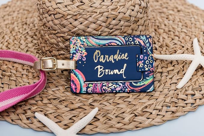 Lilly Pulitzer Leatherette Luggage Tag with Secure Strap, Colorful Suitcase Identifier for Travel