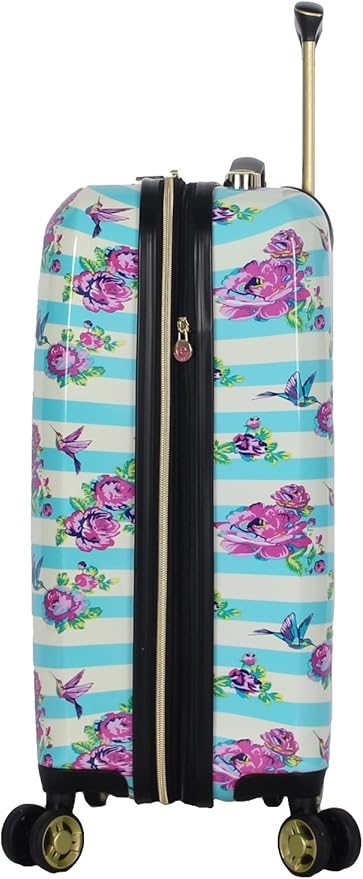 Betsey Johnson Designer 20 Inch Carry On - Expandable (ABS + PC) Hardside Luggage - Lightweight Durable Suitcase With 8-Rolling Spinner Wheels for Women (Stripe Floral Hummingbird)