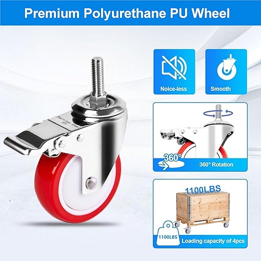 4 inch Stainless Steel Caster Wheels Heavy Duty, 1/2"-13x1-1/2 Threaded Stem Casters with Brake, Rust Resistant, Polyurethane PU Wheels for Hospital, Lab, Furniture, Restaurant