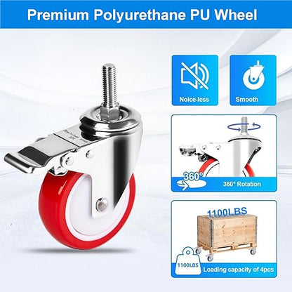 4 inch Stainless Steel Caster Wheels Heavy Duty, 1/2"-13x1-1/2 Threaded Stem Casters with Brake, Rust Resistant, Polyurethane PU Wheels for Hospital, Lab, Furniture, Restaurant