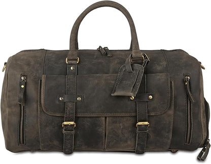 KomalC 24 Inch Leather Duffle Bags for Men and Women Travel Overnight Weekend Bag Sports Gym Duffel for Men (Charcoal Black With Shoe Pocket)