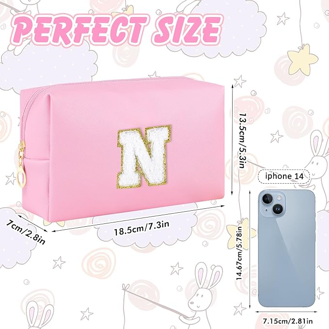 Initial Makeup Bag Personalized Preppy Travel Small Cosmetic Bag Cute PU Pink Chenille Letter Makeup Pouch for Purse Waterproof Zippered Toiletry Organizer for Women Girls Kids Friends (N)