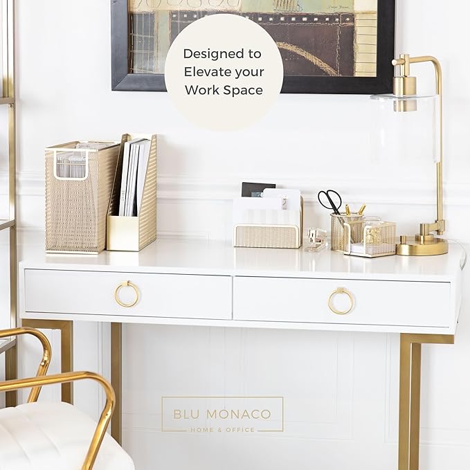 BLU MONACO Gold Desk Accessories Set – 5-Piece Office Organizer with Hanging File Holder, File Organizer & Boho Desk Décor for Women
