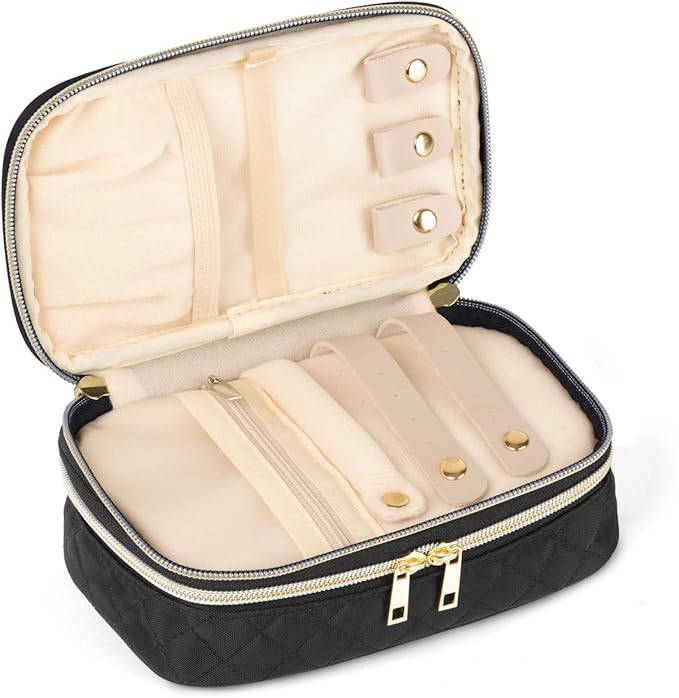 Teamoy Double Layer Jewelry Organizer, Jewelry Travel Case for Rings, Necklaces, Earrings, Bracelets and More(Small, Quilted-Black)