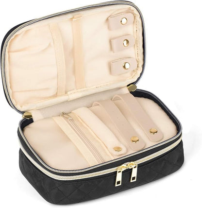 Teamoy Double Layer Jewelry Organizer, Jewelry Travel Case for Rings, Necklaces, Earrings, Bracelets and More(Small, Quilted-Black)