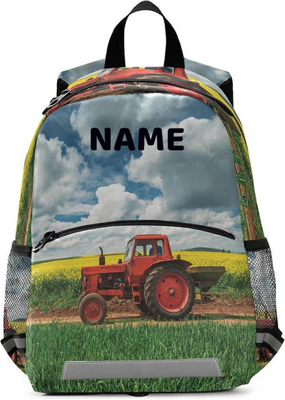 Red Tractor in Field Kid's Toddler Backpack for Boys Girls Preschool Nursery with Safety Leash (012214)