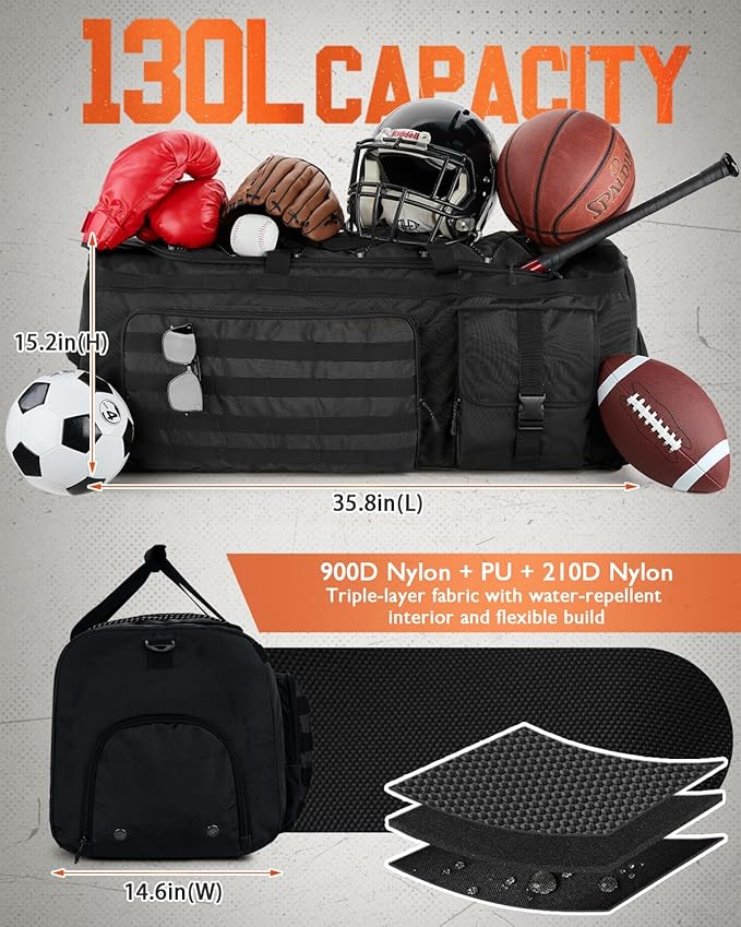 Gonex 130L Extra Large Duffel Bag for Men, Heavy Duty 3 in 1 Convertible Carry Travel Duffle, with Shoe Compartment, Tactical Loops, Sports Gear Bag for Family Trips (Black)