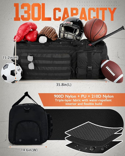 Gonex 130L Extra Large Duffel Bag for Men, Heavy Duty 3 in 1 Convertible Carry Travel Duffle, with Shoe Compartment, Tactical Loops, Sports Gear Bag for Family Trips (Black)